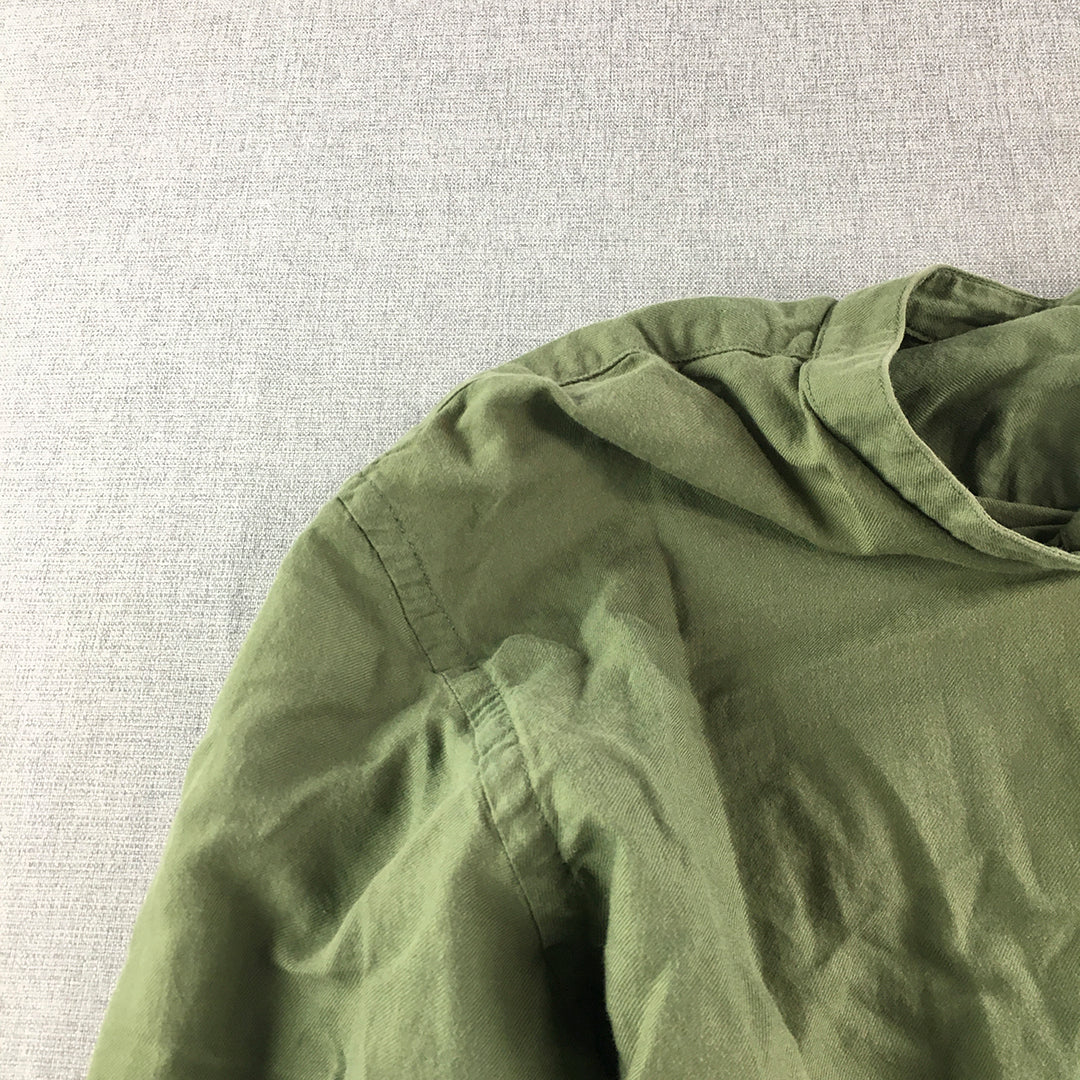 Uniqlo Womens Shirt Size 2XL Green Button-Up Collar-less Henley Long Sleeve