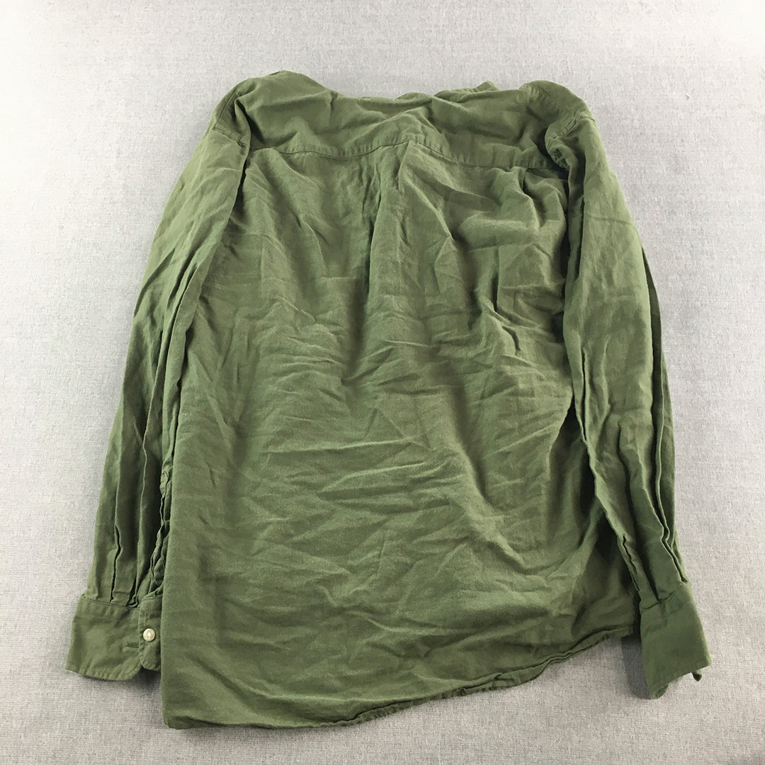 Uniqlo Womens Shirt Size 2XL Green Button-Up Collar-less Henley Long Sleeve