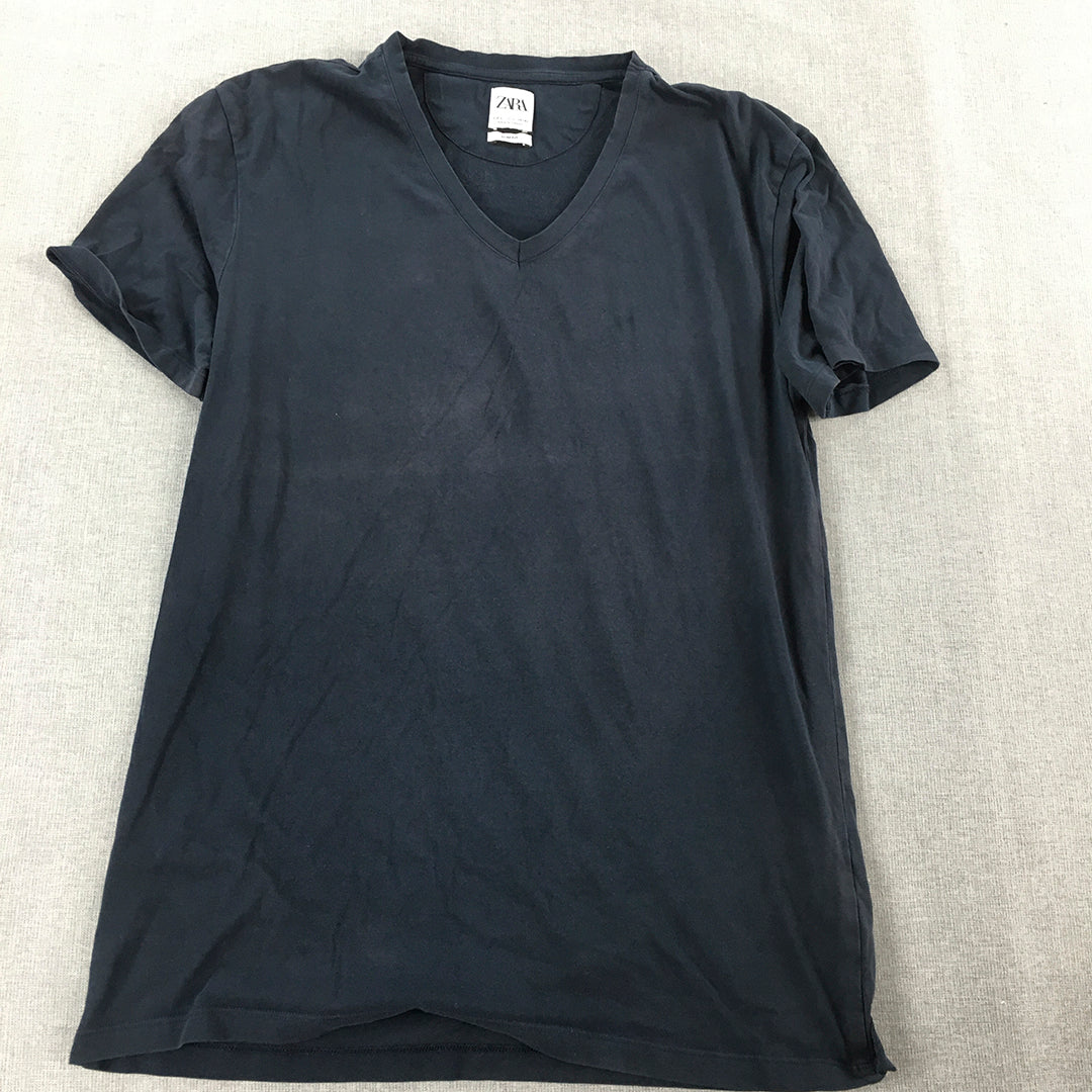 Zara Mens T-Shirt Size L Slim Fit Blue V-Neck Short Sleeve Tee