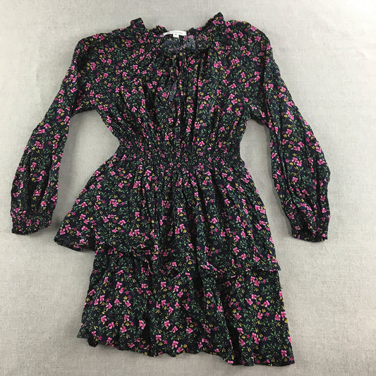 Pink Diamond Womens Mini Dress Size M Blue Floral Long Sleeve Elastic Waist