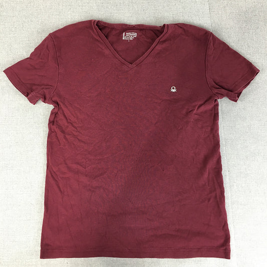 United Colors Of Benetton Womens T-Shirt Size L Maroon Red Logo V-Neck Tee