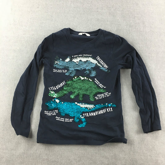 H&M Kids Boys Shirt Size 7 - 8 Years Blue Dinosaur Sequin Long Sleeve Pullover