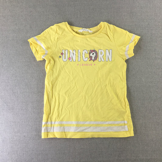 H&M Kids Girls T-Shirt Size 6 - 8 Years Yellow Unicorn Short Sleeve Top