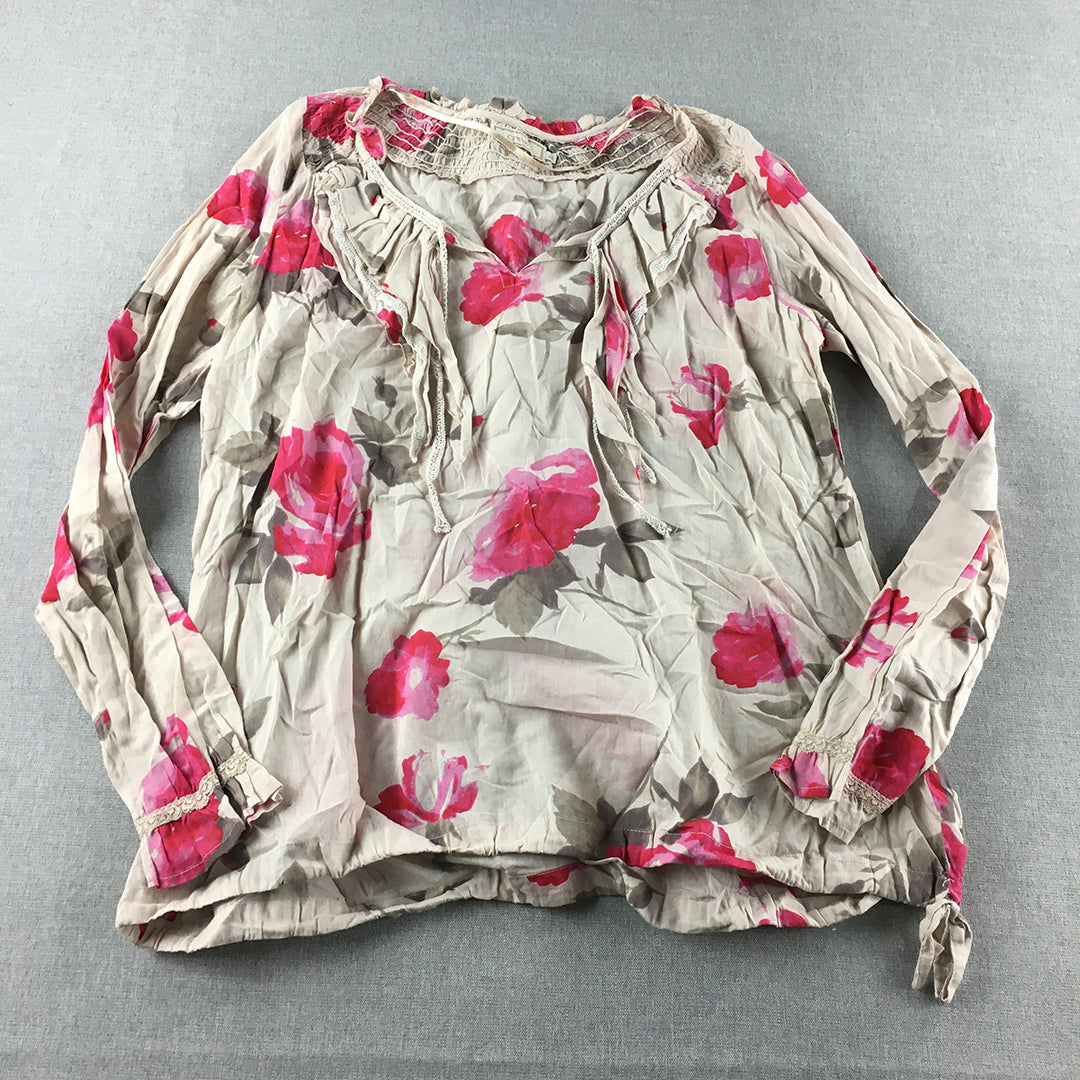 Cream Womens Top Size 44 Brown Pink Floral Long Sleeve Shirt