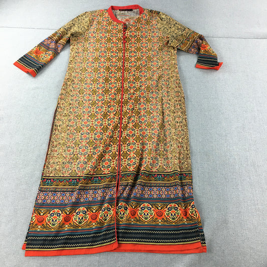 Fusion Beats Womens Dress Size L Gold ORange Striped Midi Button Up Indian