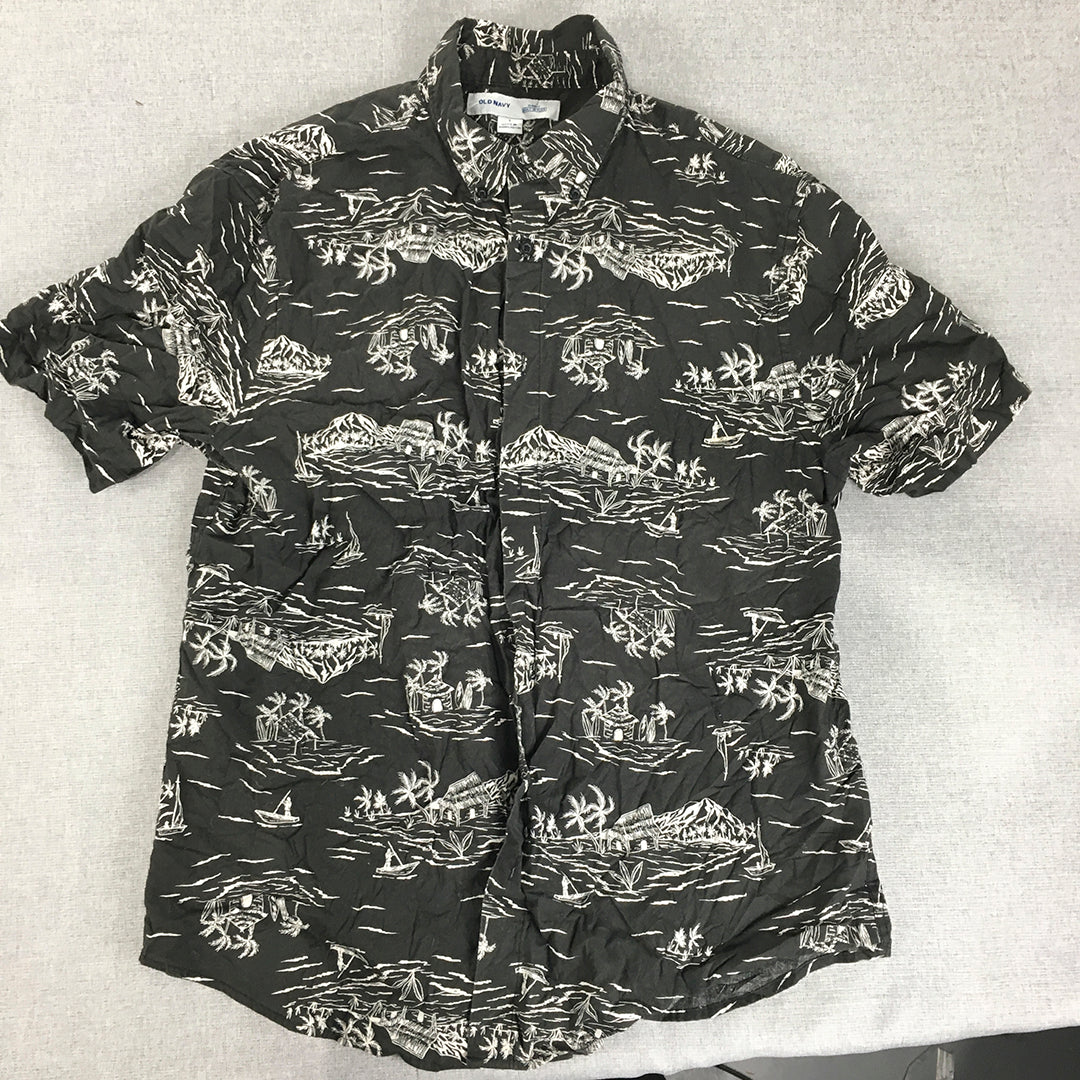 Old Navy Mens Hawaiian Shirt Size L Black Aloha Palm Beach Button-Up Slim Fit