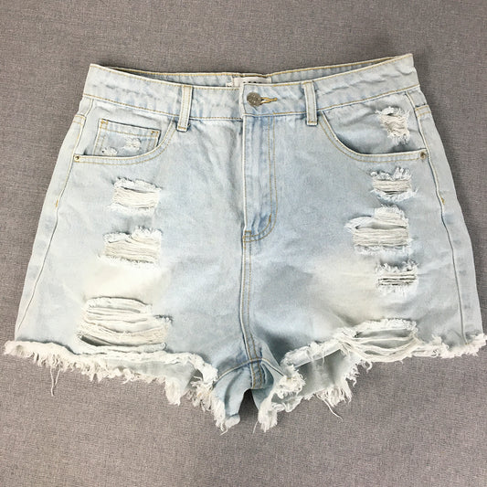 Desu Womens Denim Shorts Size 12  Light Blue Distressed  Raw Hem Jorts