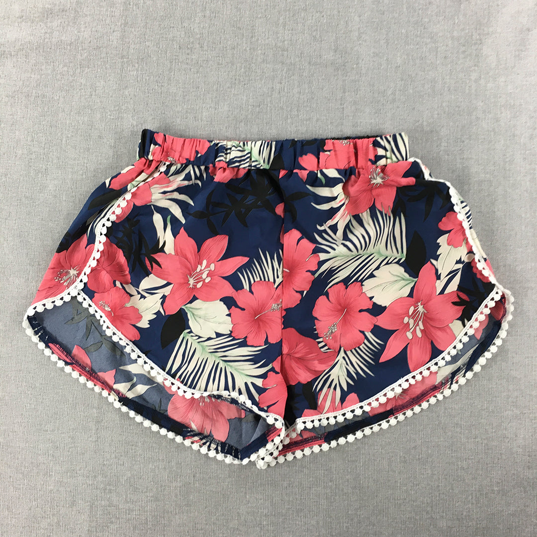 NEW Zaful Womens Bermuda Shorts Size M Pink Blue Hawaiian Floral Elastic Waist