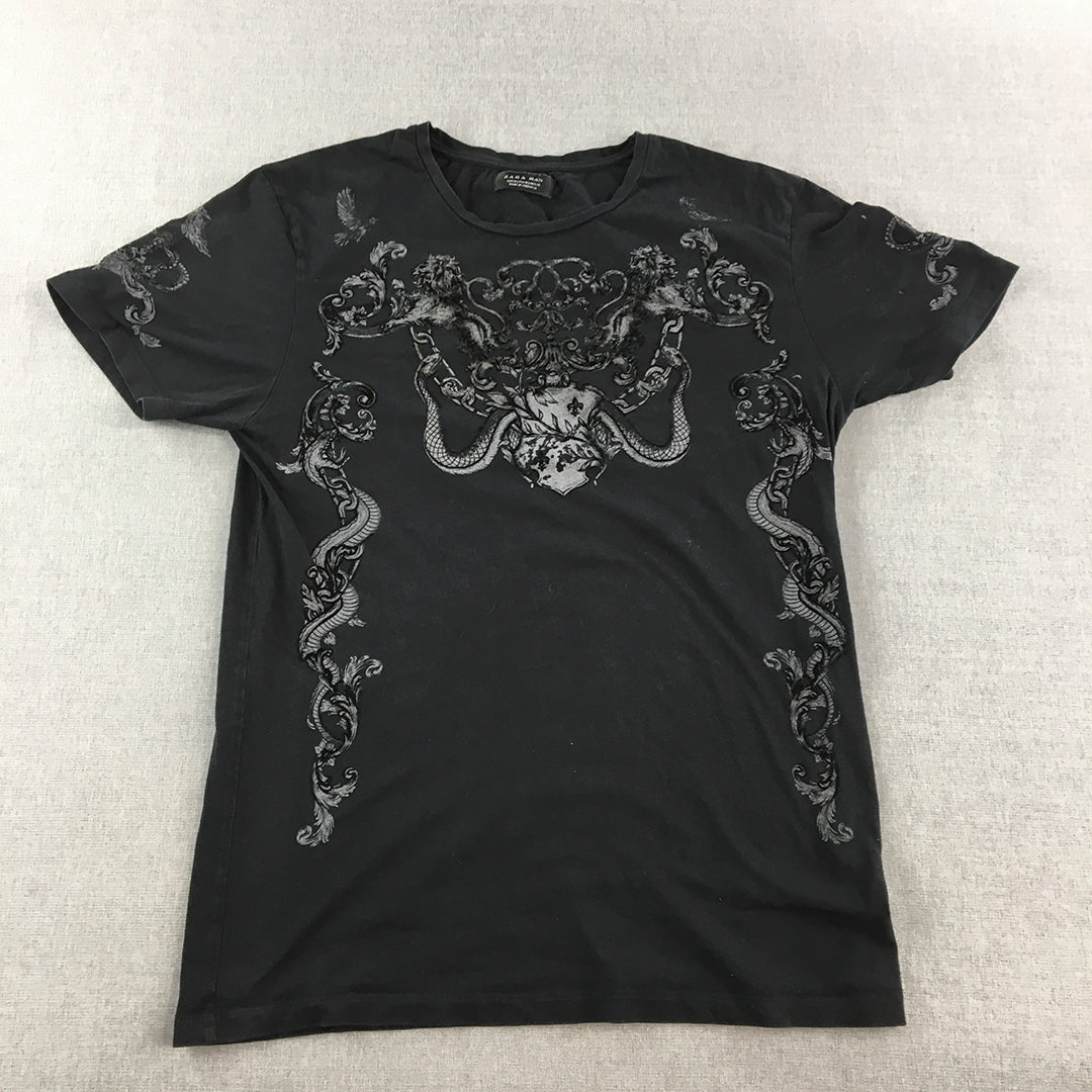 Zara Mens T-Shirt Size M Cotton Embroidered Baroque Floral Short Sleeve Black