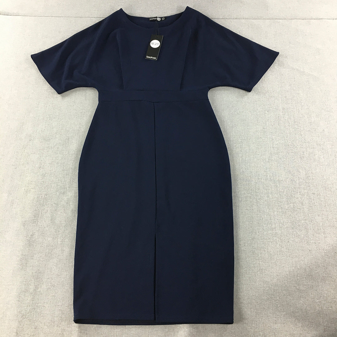 NEW Boohoo Night Womens Dress Size 14 Blue Pencil Short Sleeve Midi