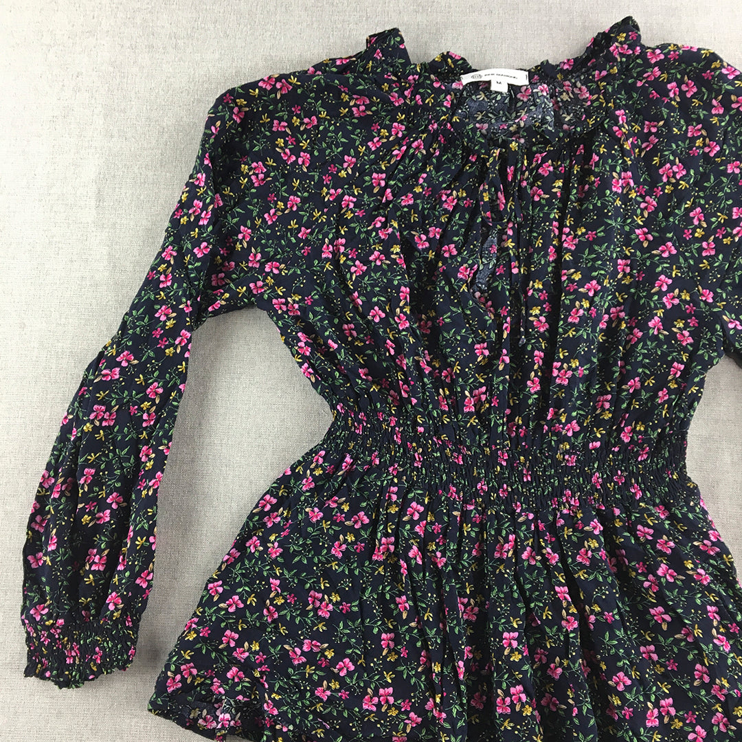 Pink Diamond Womens Mini Dress Size M Blue Floral Long Sleeve Elastic Waist