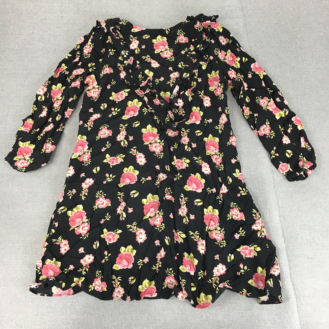 Zara Womens Mini Dress Size S Black Pink Floral Long Sleeve A-Line