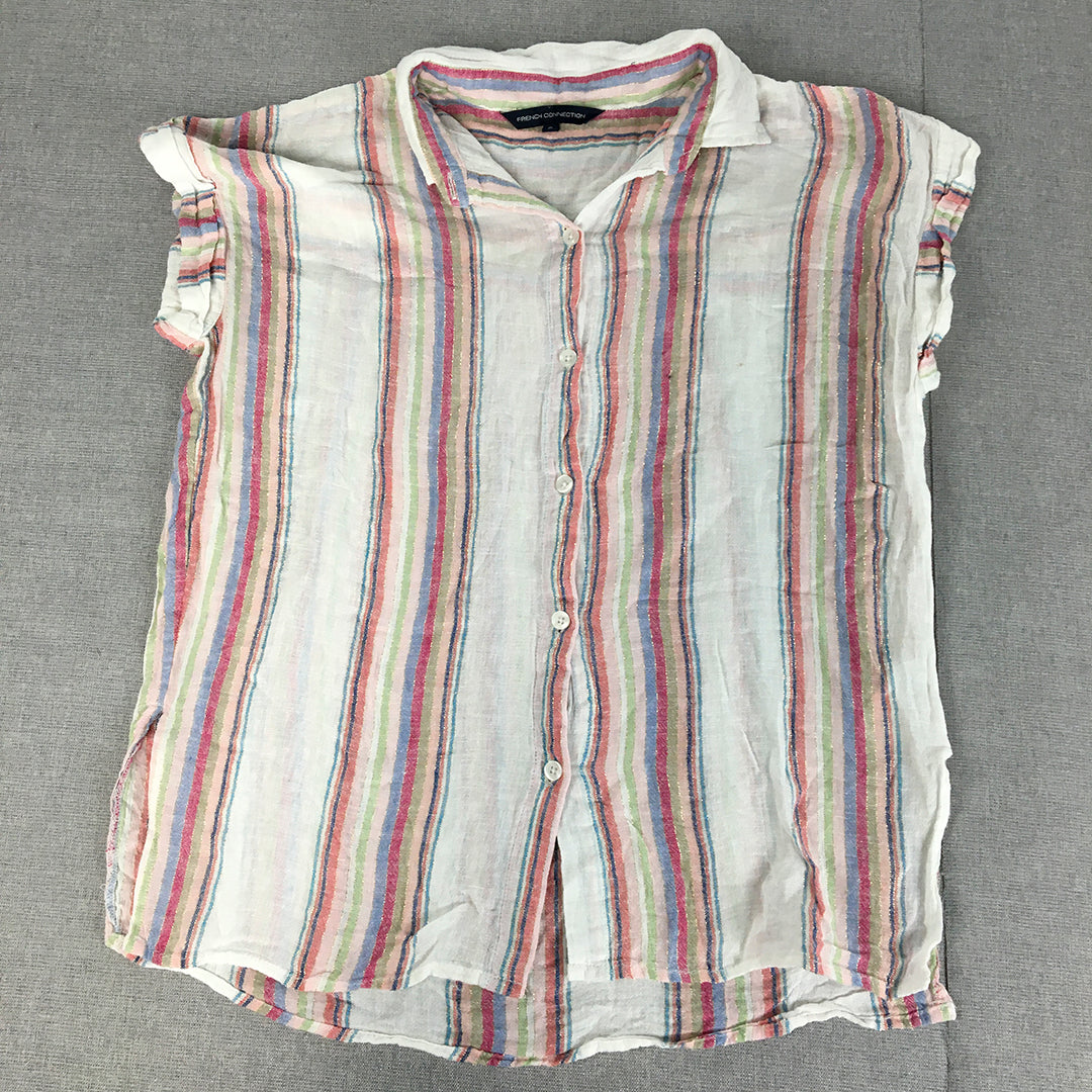 French Connection Womens Linen Shirt Size 6 White Red Striped Button-Up Top