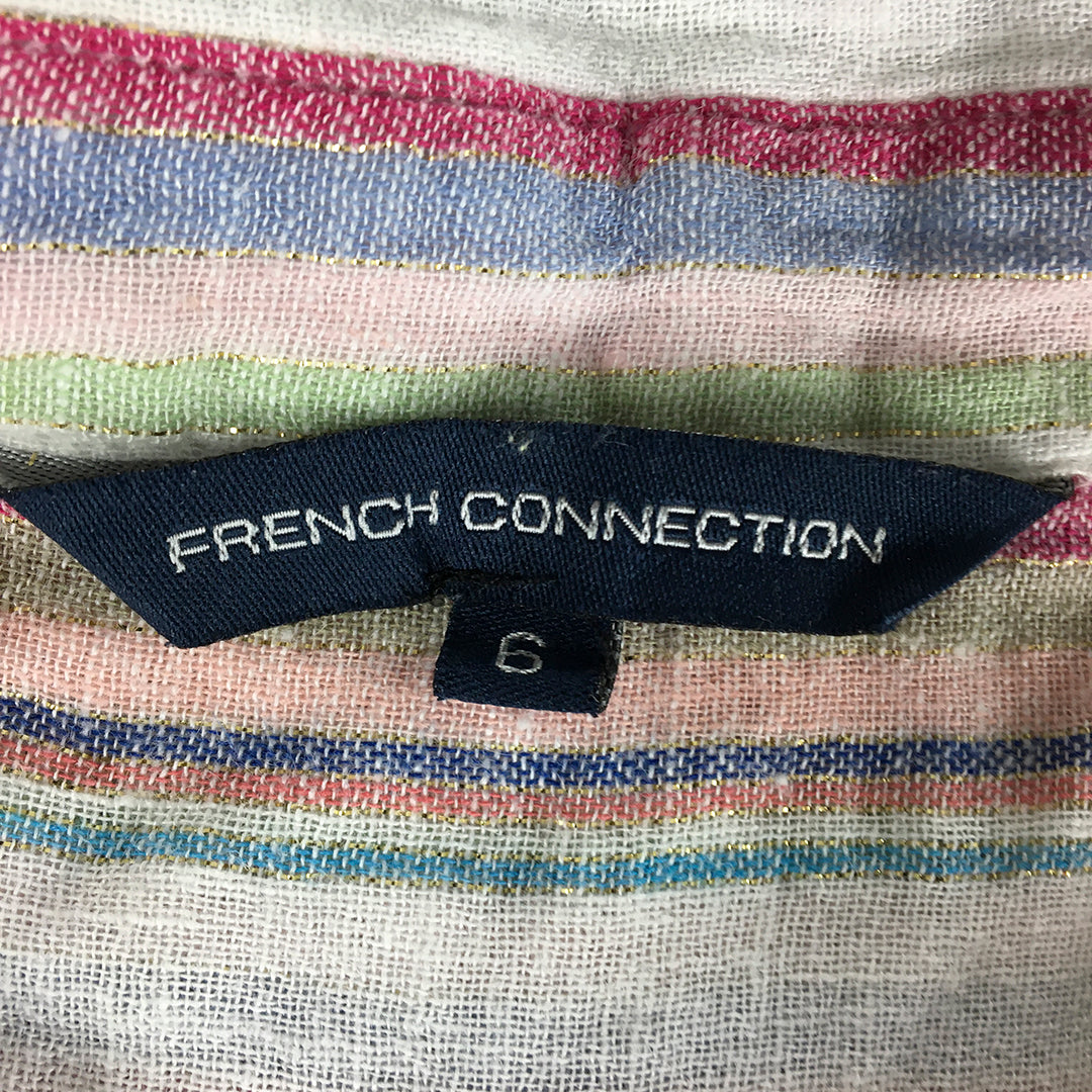 French Connection Womens Linen Shirt Size 6 White Red Striped Button-Up Top