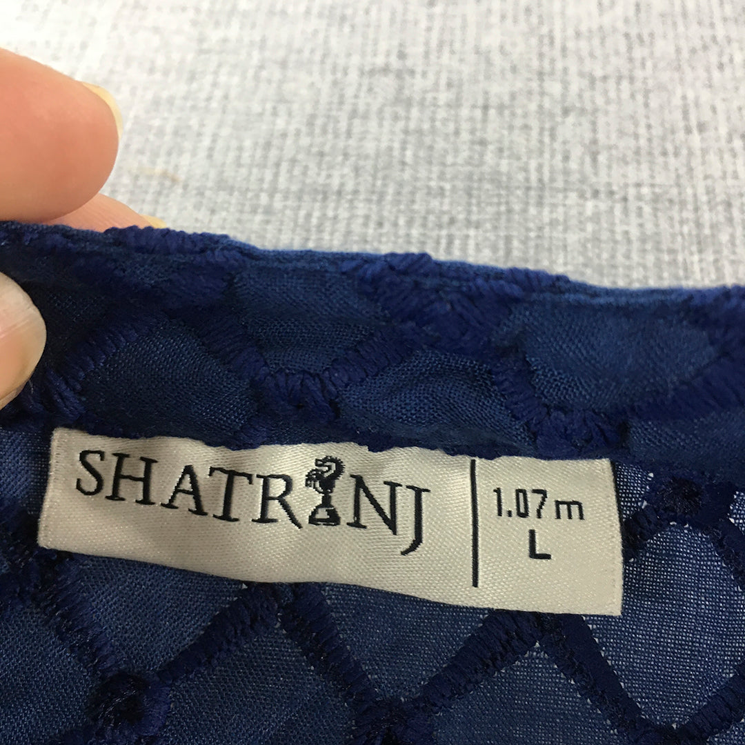 Shatranj Mens Shirt Size L Blue Checkered Indian Long Sleeve Zip Neckline