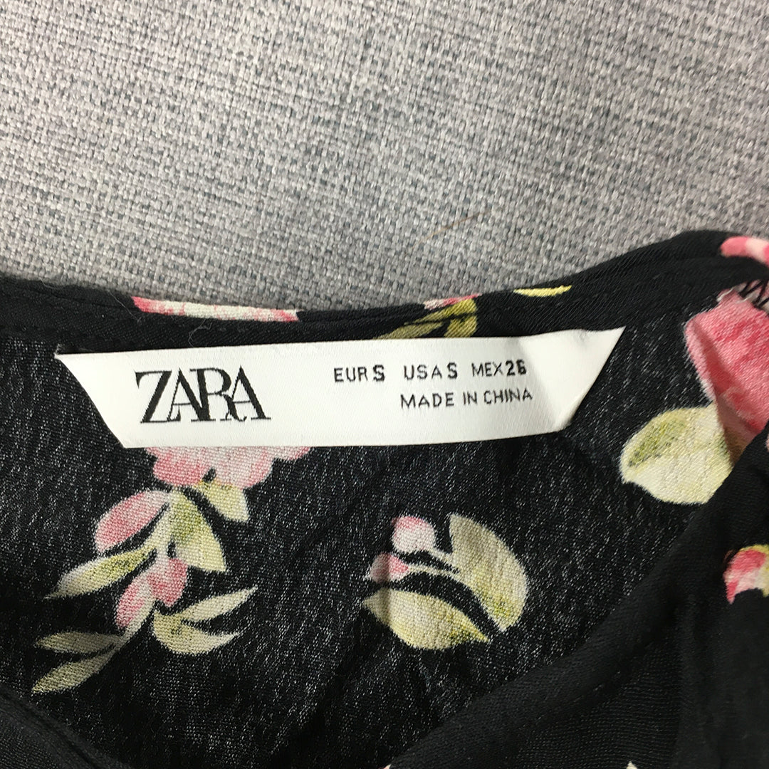 Zara Womens Mini Dress Size S Black Pink Floral Long Sleeve A-Line