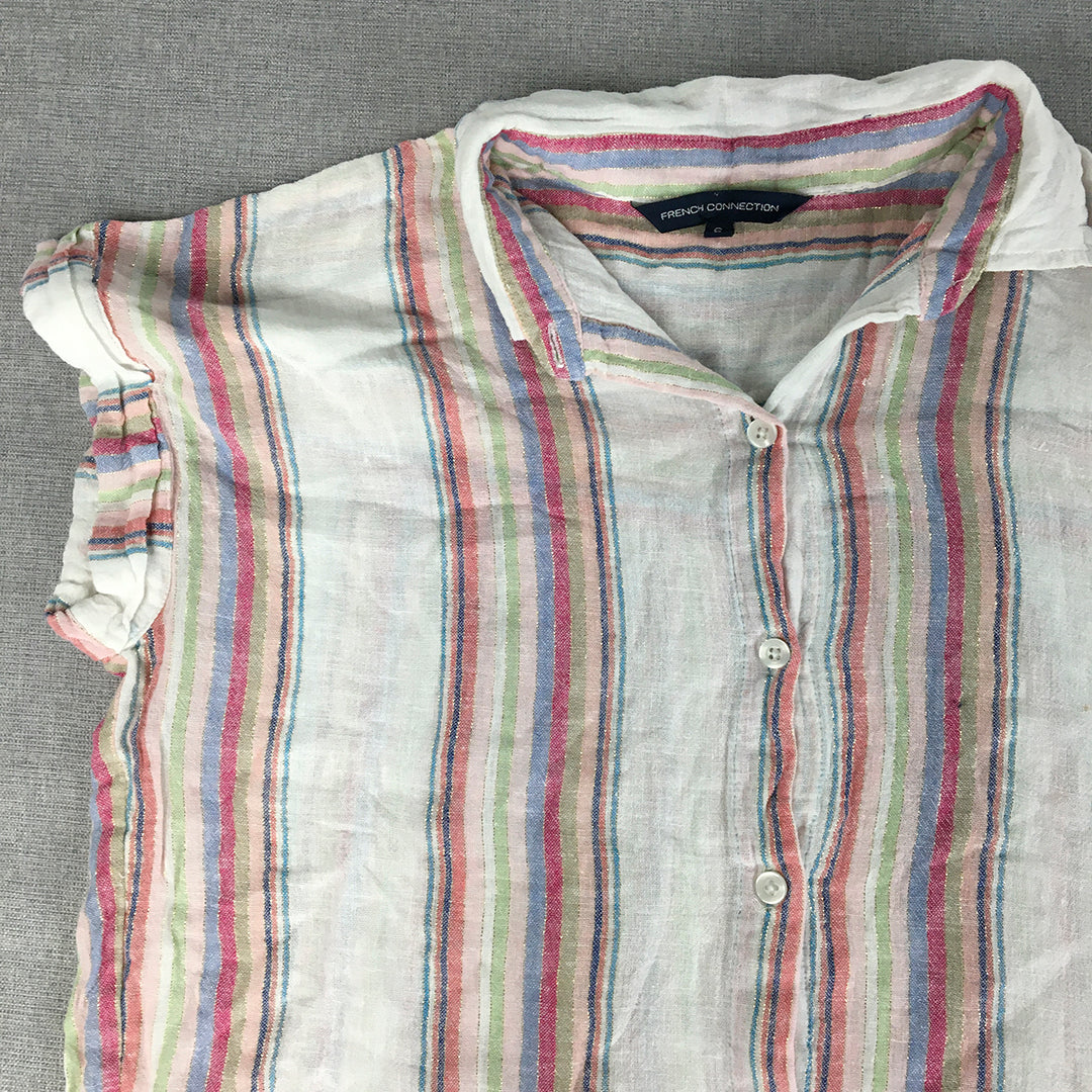 French Connection Womens Linen Shirt Size 6 White Red Striped Button-Up Top