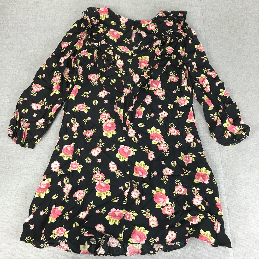 Zara Womens Mini Dress Size S Black Pink Floral Long Sleeve A-Line