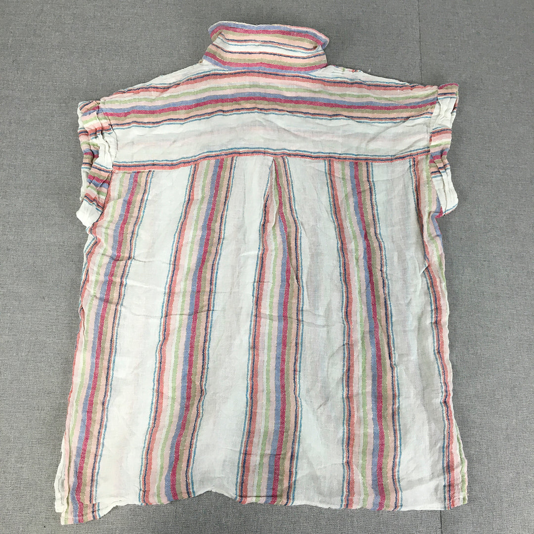 French Connection Womens Linen Shirt Size 6 White Red Striped Button-Up Top