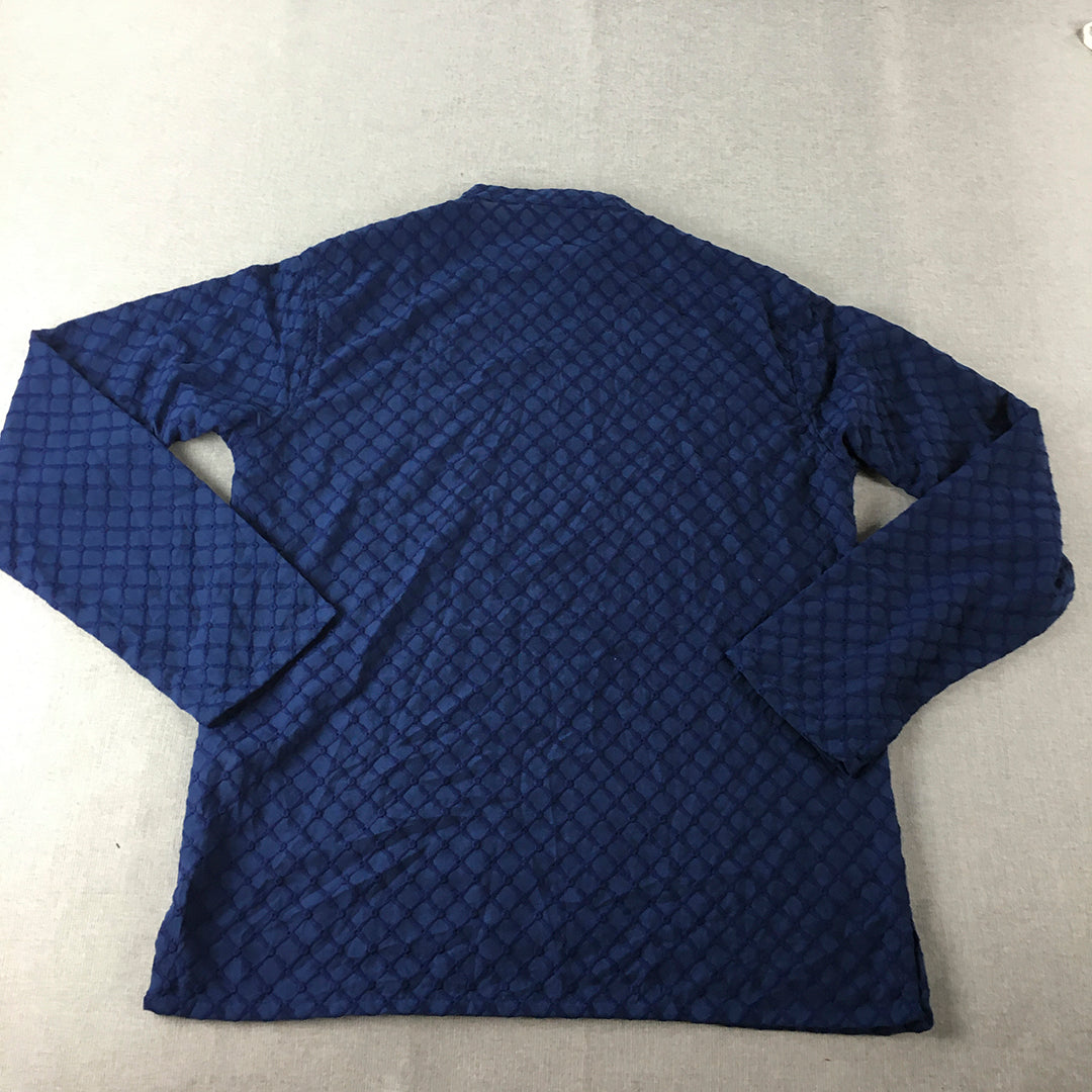 Shatranj Mens Shirt Size L Blue Checkered Indian Long Sleeve Zip Neckline