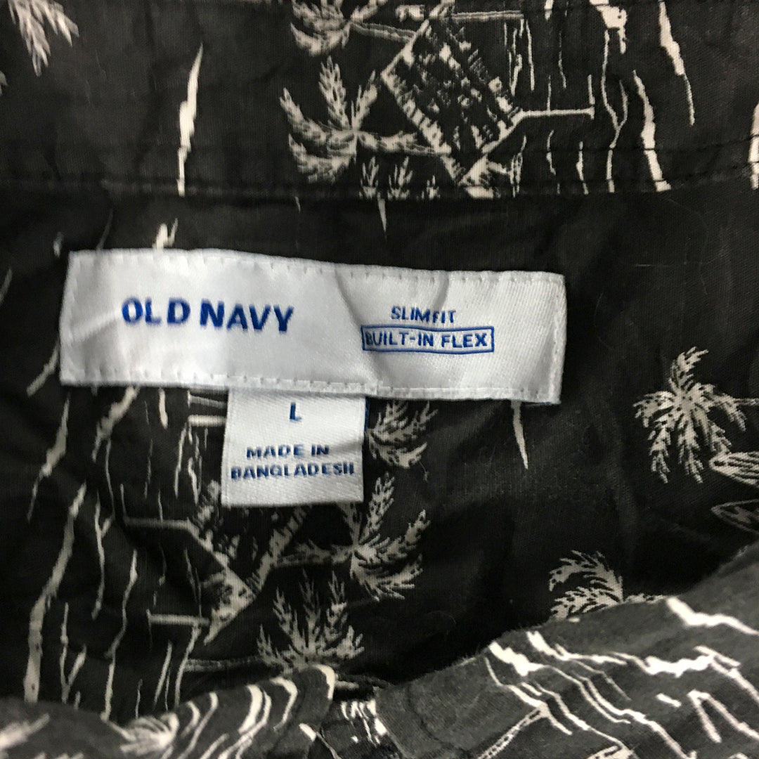 Old Navy Mens Hawaiian Shirt Size L Black Aloha Palm Beach Button-Up Slim Fit