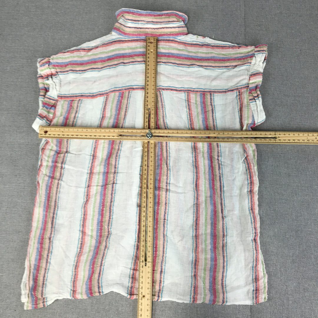 French Connection Womens Linen Shirt Size 6 White Red Striped Button-Up Top