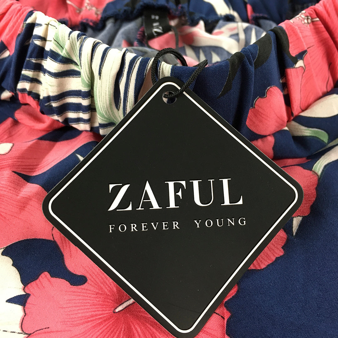 NEW Zaful Womens Bermuda Shorts Size M Pink Blue Hawaiian Floral Elastic Waist