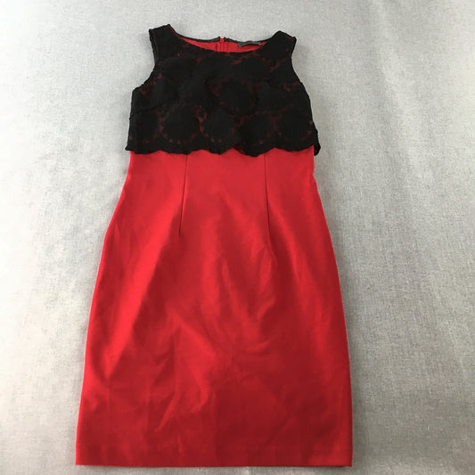 Favour Womens Pencil Dress Size 10 Red Black Mini Sleeveless Floral Lace