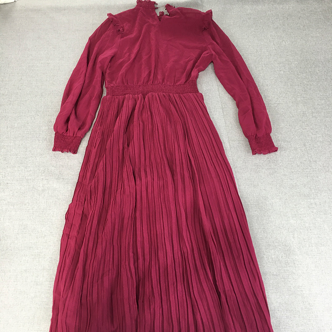 Sunny Girl Womens Pleated Dress Size 8 Plum Purple Long Sleeve Midi