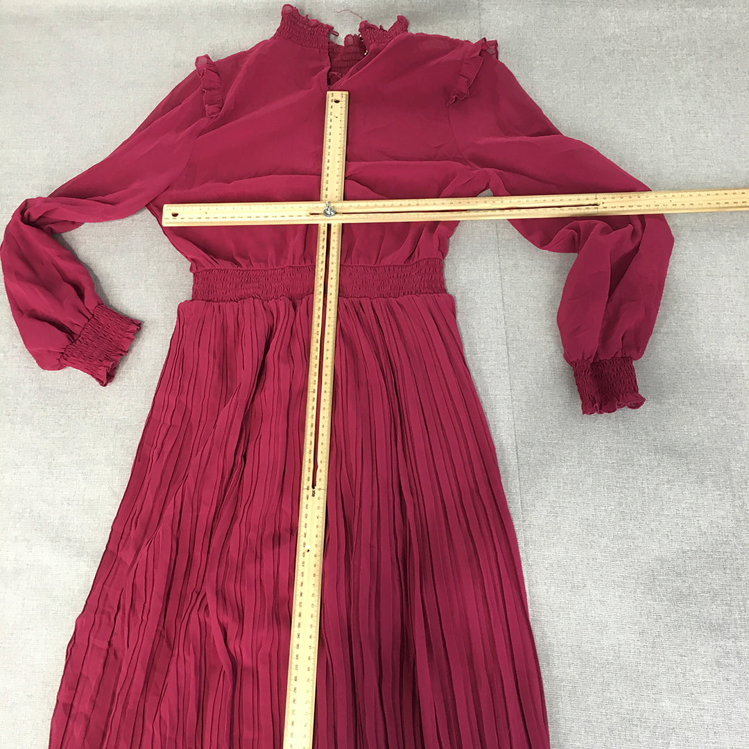 Sunny Girl Womens Pleated Dress Size 8 Plum Purple Long Sleeve Midi