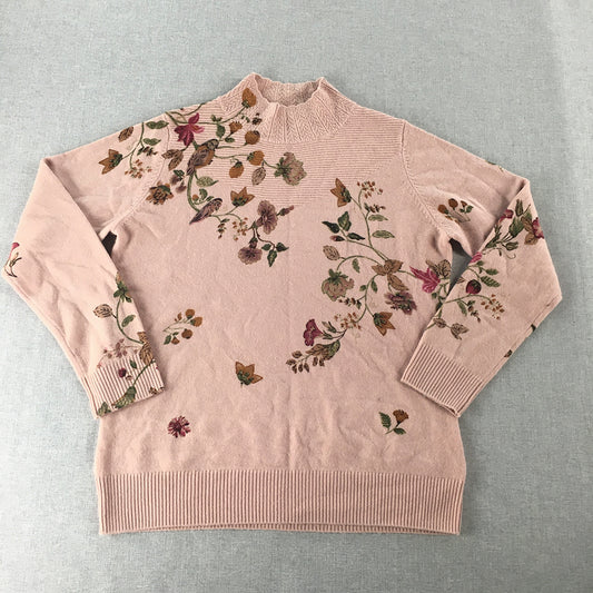 HQ Womens Knit Sweater Size M Pink Floral Mock Neck Pullover Jumper