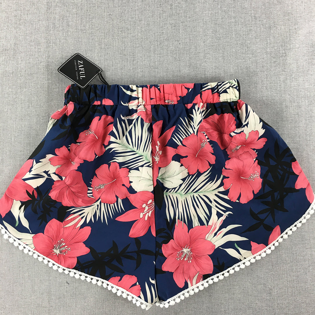 NEW Zaful Womens Bermuda Shorts Size M Pink Blue Hawaiian Floral Elastic Waist