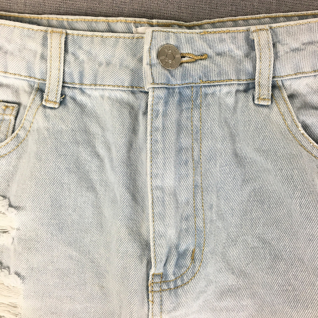 Desu Womens Denim Shorts Size 12  Light Blue Distressed  Raw Hem Jorts