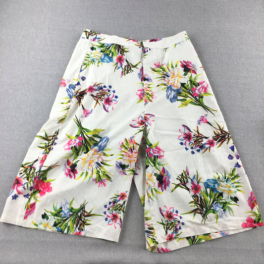 Atmos & Here Womens 1/2 Length Pants Size 12 White Floral Capri Wide Leg