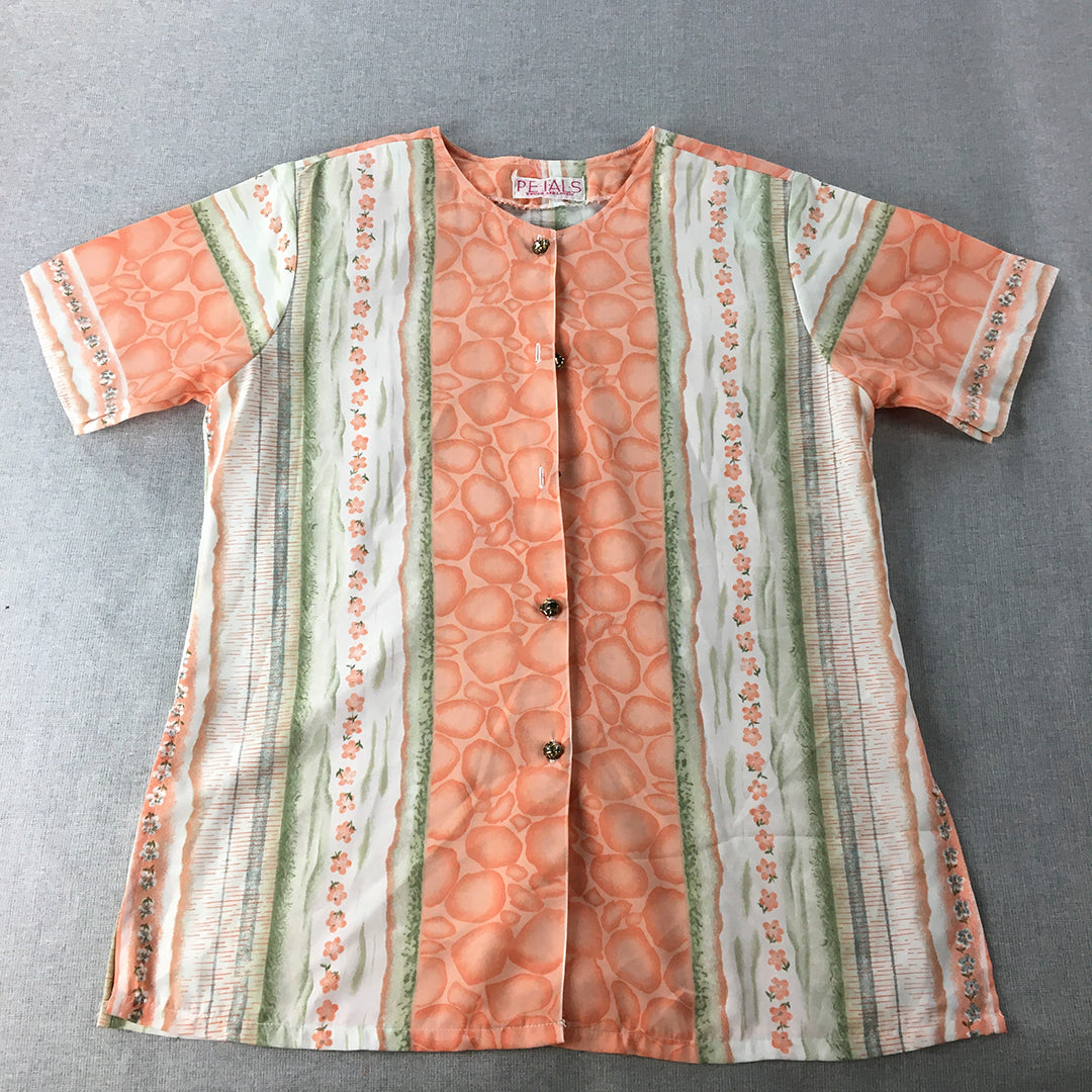 Vintage Petals Womens Shirt Size L Pink Green Abstract Striped Button-Up