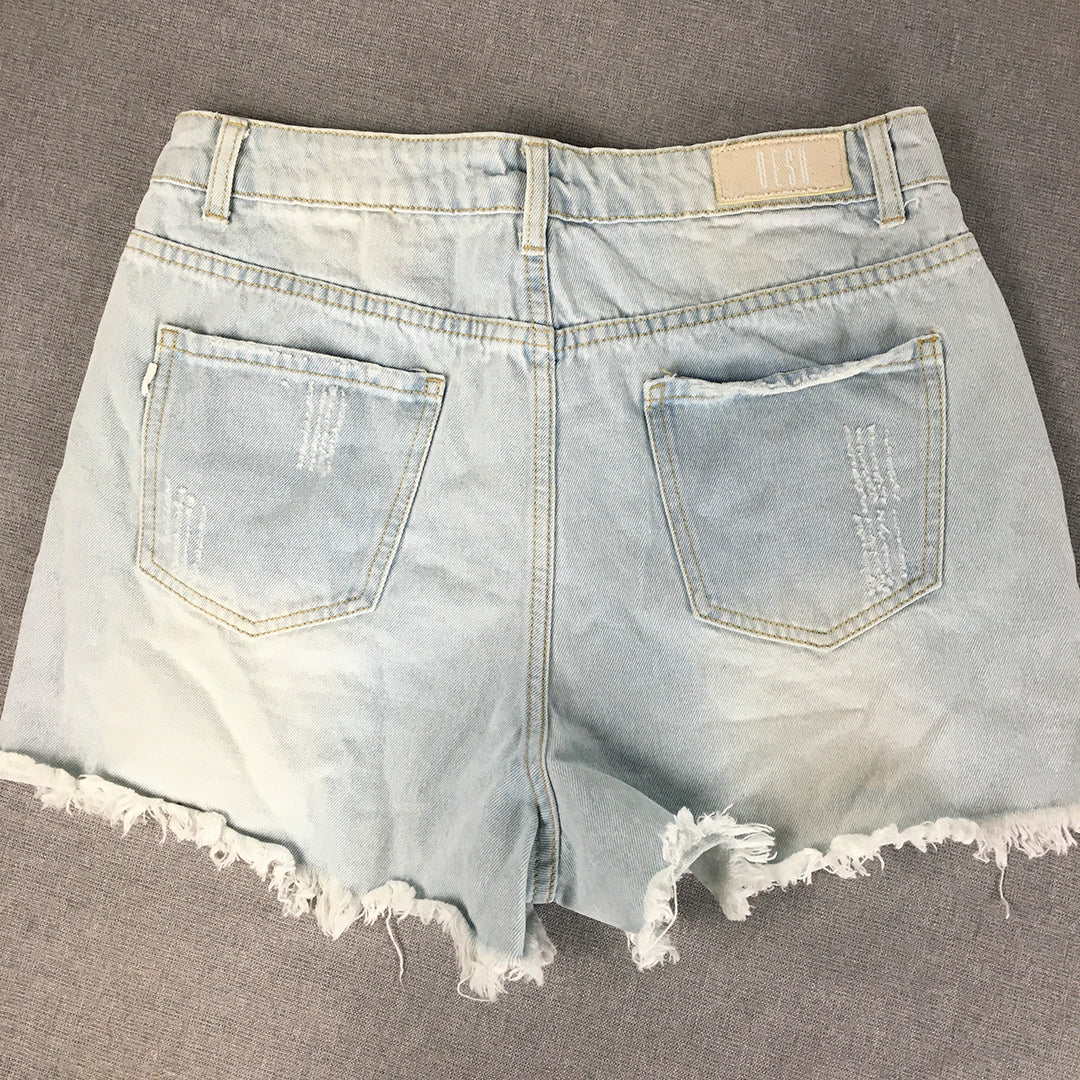 Desu Womens Denim Shorts Size 12  Light Blue Distressed  Raw Hem Jorts