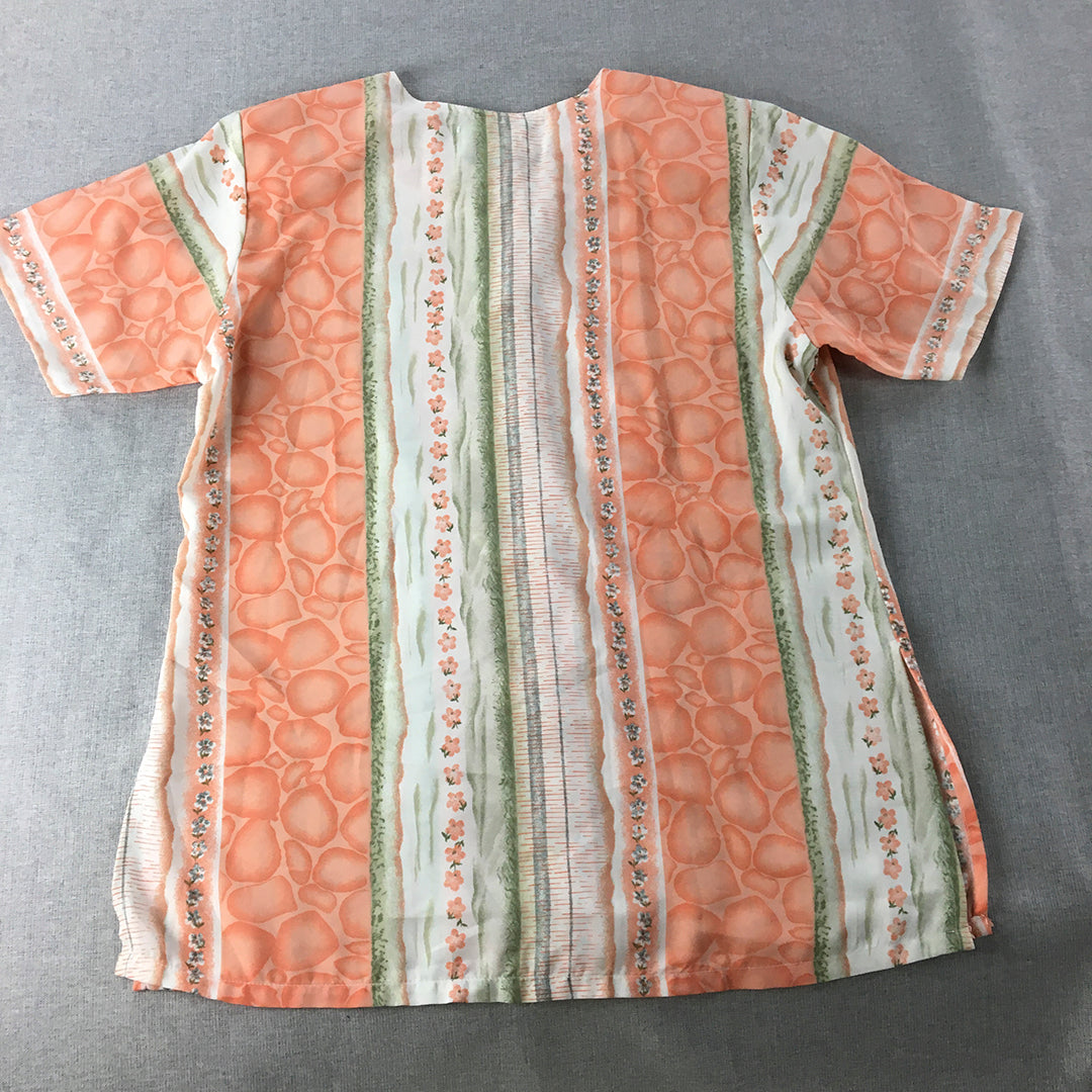 Vintage Petals Womens Shirt Size L Pink Green Abstract Striped Button-Up