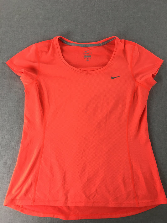 Nike Womens T-Shirt Size M Orange Hi Vis Short Sleeve Logo Dri-Fit Top