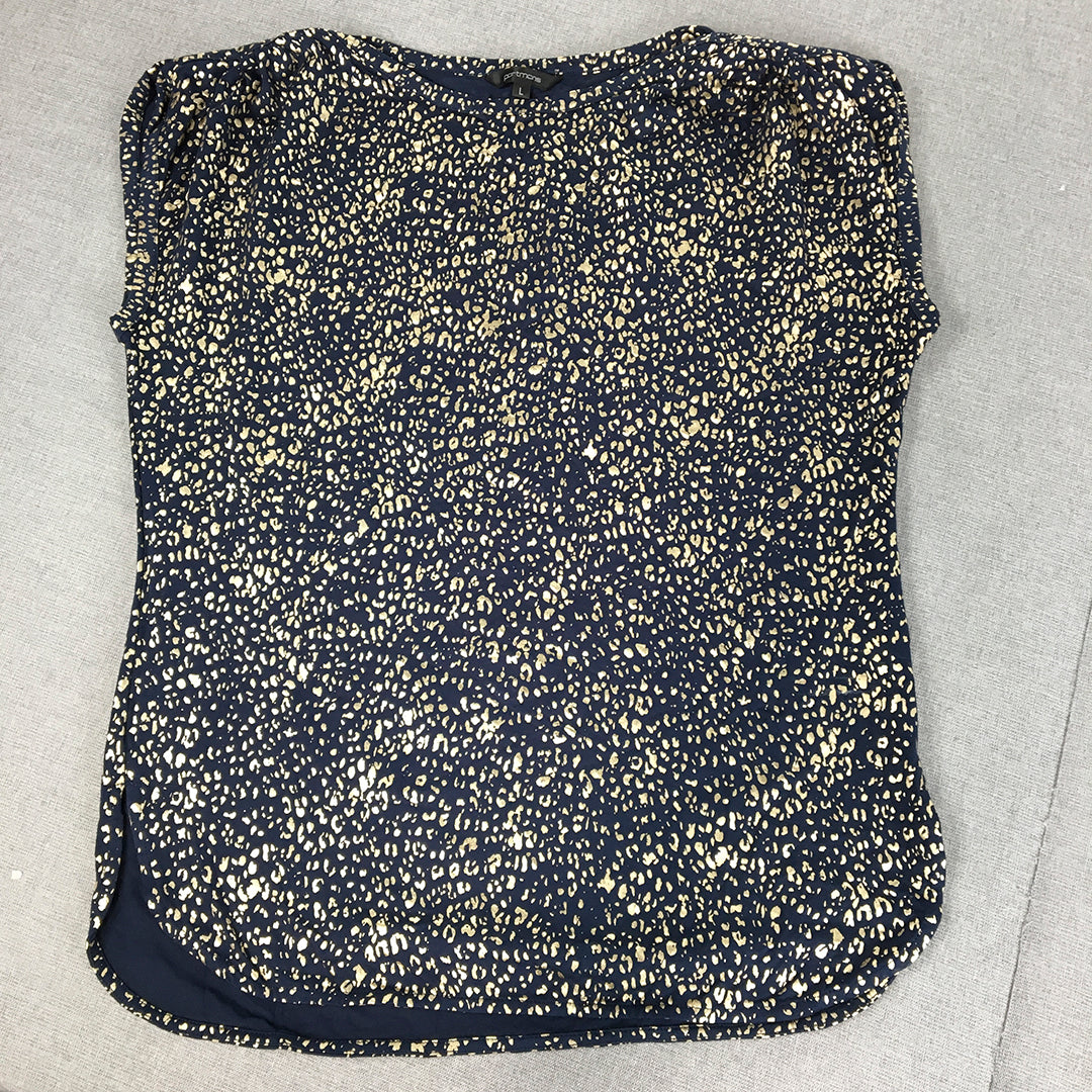 Portmans Womens Top Size L Blue Gold Dot Short Sleeve Shirt