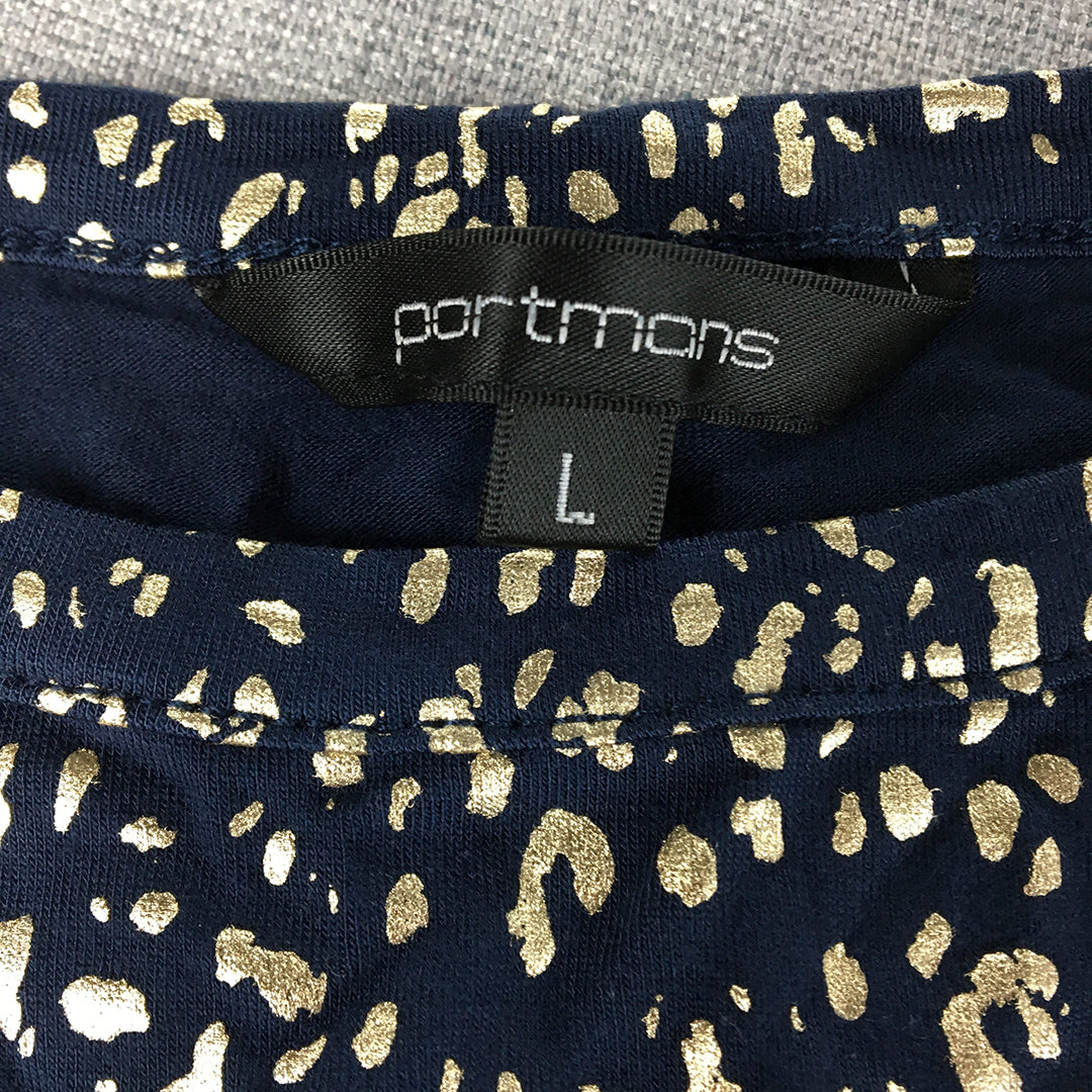 Portmans Womens Top Size L Blue Gold Dot Short Sleeve Shirt