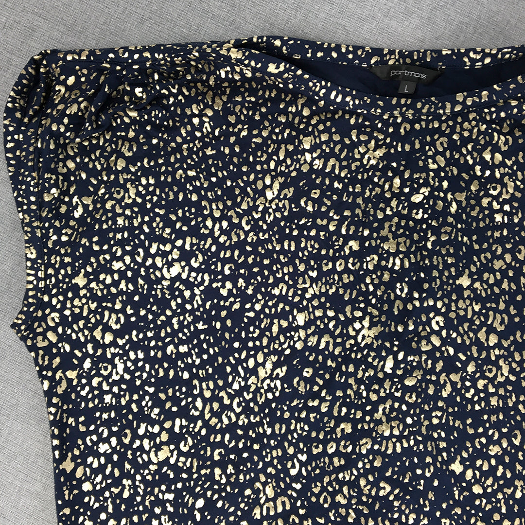 Portmans Womens Top Size L Blue Gold Dot Short Sleeve Shirt