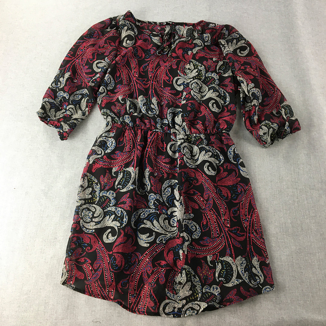 Be Bop Womens Mini Dress Size S Black Red Paisley Floral Fit Flare Pleated