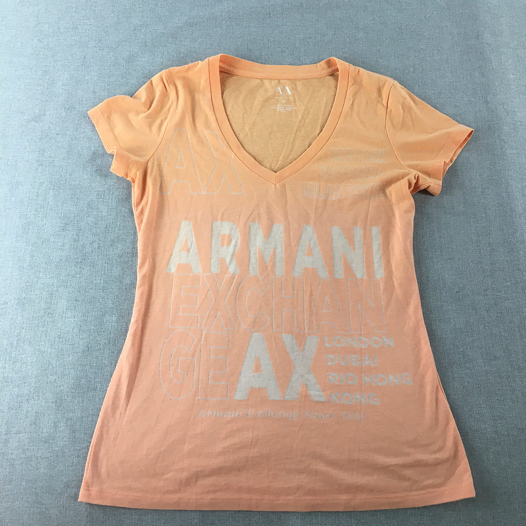 Armani Exchange Womens T-Shirt Size M Orange V-Neck Big Logo Top