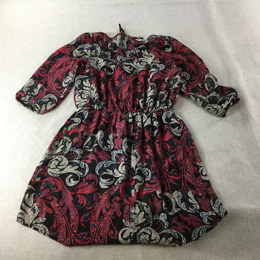 Be Bop Womens Mini Dress Size S Black Red Paisley Floral Fit Flare Pleated