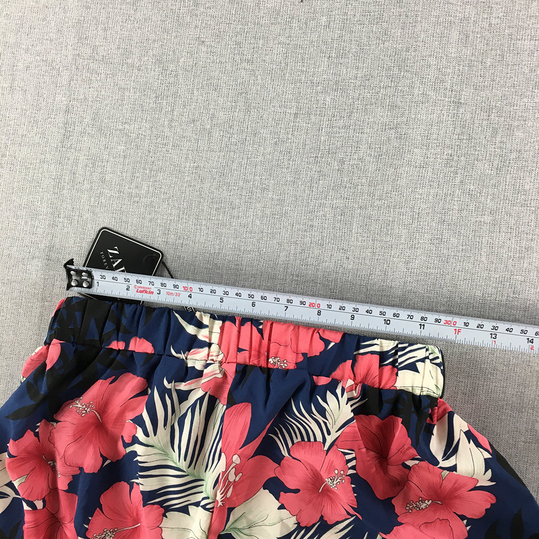 NEW Zaful Womens Bermuda Shorts Size M Pink Blue Hawaiian Floral Elastic Waist