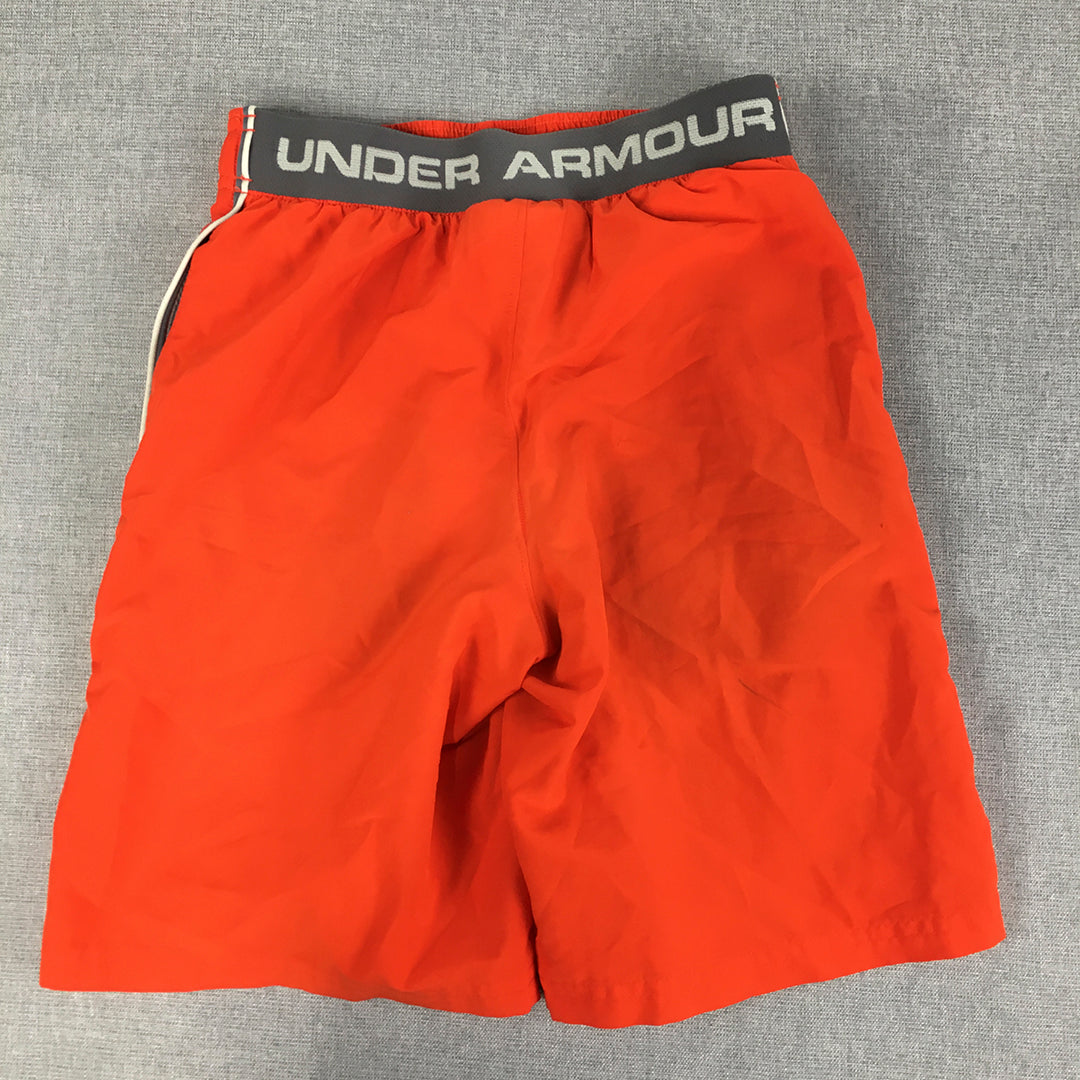 Under Armour Kids Boys Shorts Youth Size S Orange Logo Elastic Waist Pockets