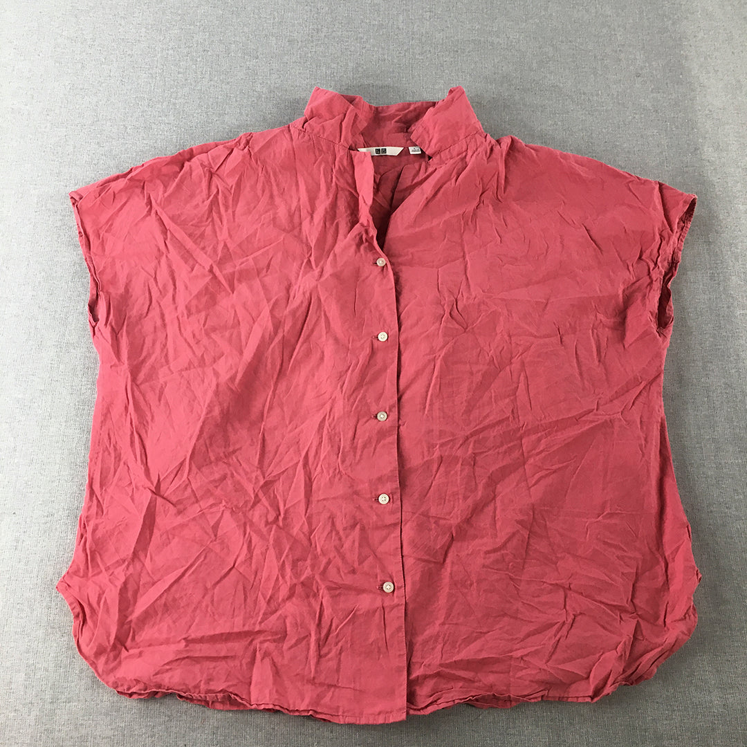 Uniqlo Womens Shirt Size L Red Short Sleeve Collared Button-Up