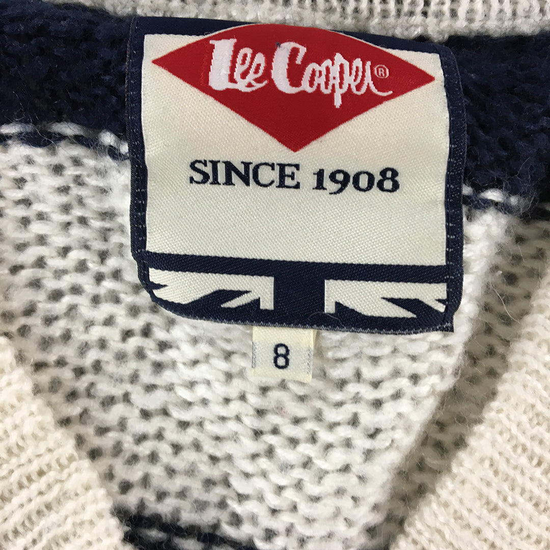 Lee Cooper Womens Knit Sweater Size 8 White & Blue V-Neck Pullover Jumper