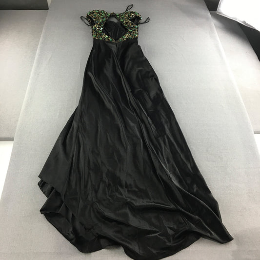 Catwalk Instyle Evening Gown Dress Size 8 Black Long Sleeveless Green Diamante