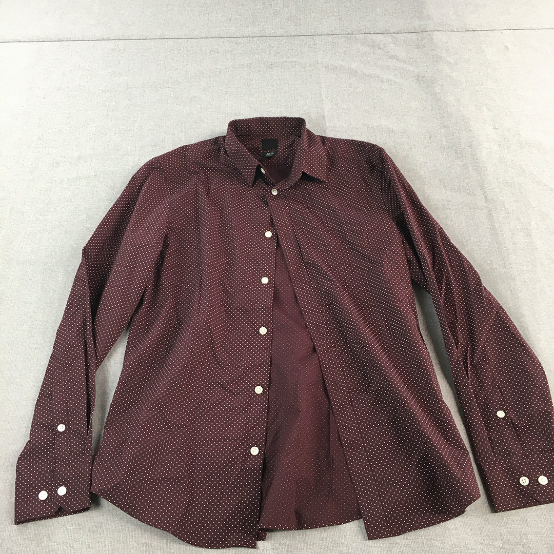 H&M Mens Shirt Size S Slim Fit Maroon Red Dot Pattern Long Sleeve Button-Up